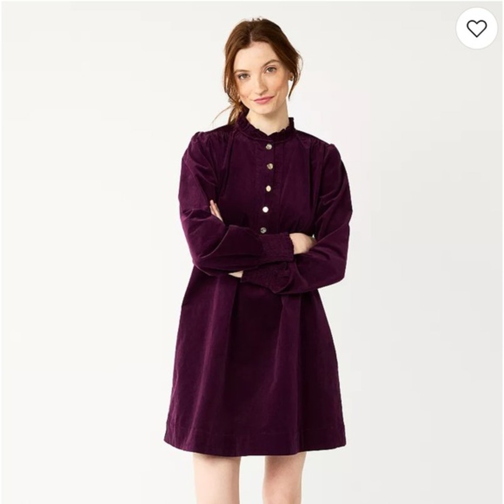 DRAPER JAMES RSVP™ Corduroy Scalloped Mini Dress in Purple Gold Buttons Womens M